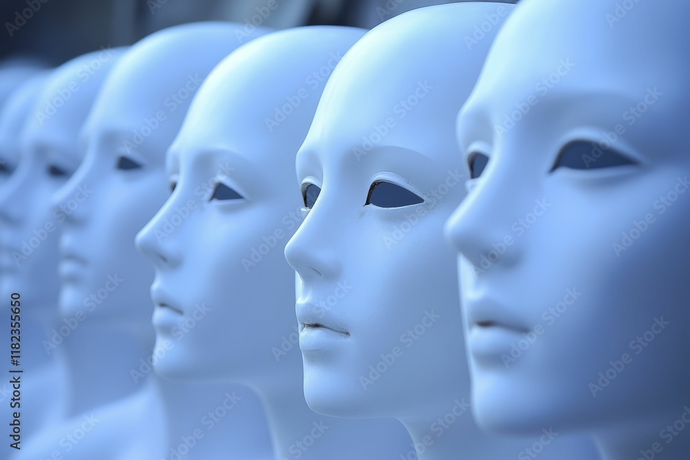 Fototapeta premium Pale, faceless figures line up in a row.