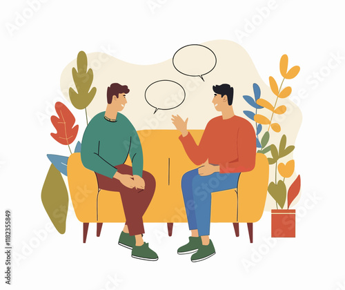 Two men having casual discussion on yellow couch with decorative plants background.