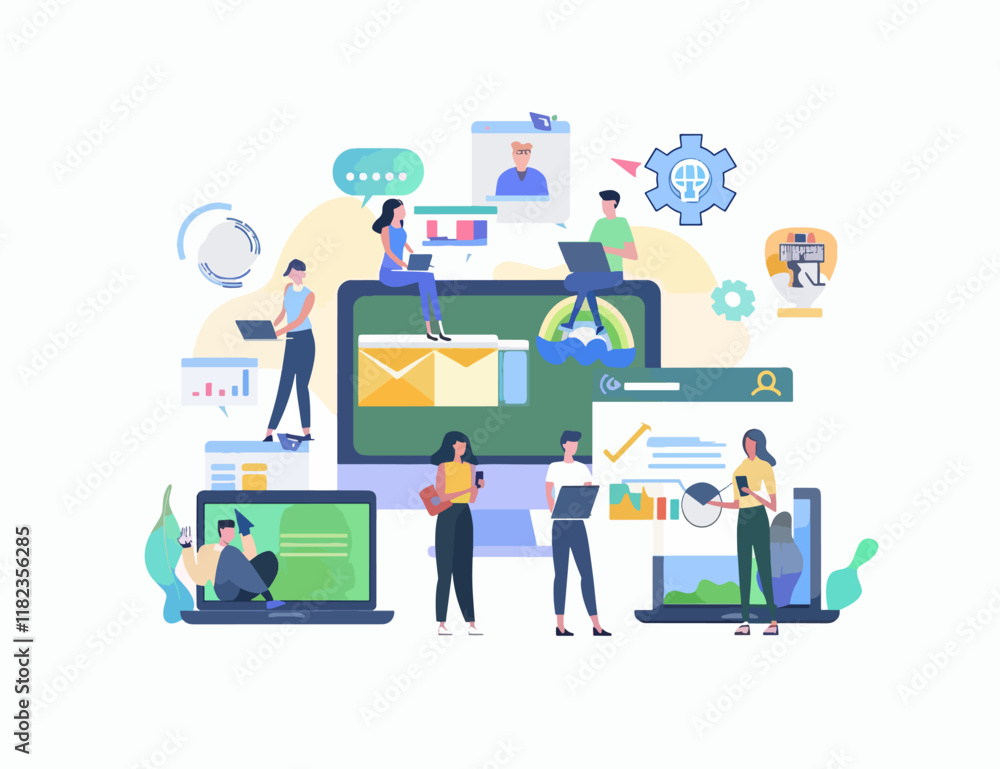 Virtual team working with online tools and data visualization elements. Virtual team working with online tools and data visualization elements.
