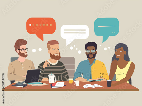 Diverse professionals having animated discussion at meeting table with beverages.