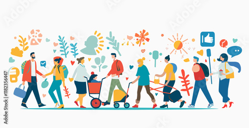 People walking together with strollers and decorative floral elements in background.