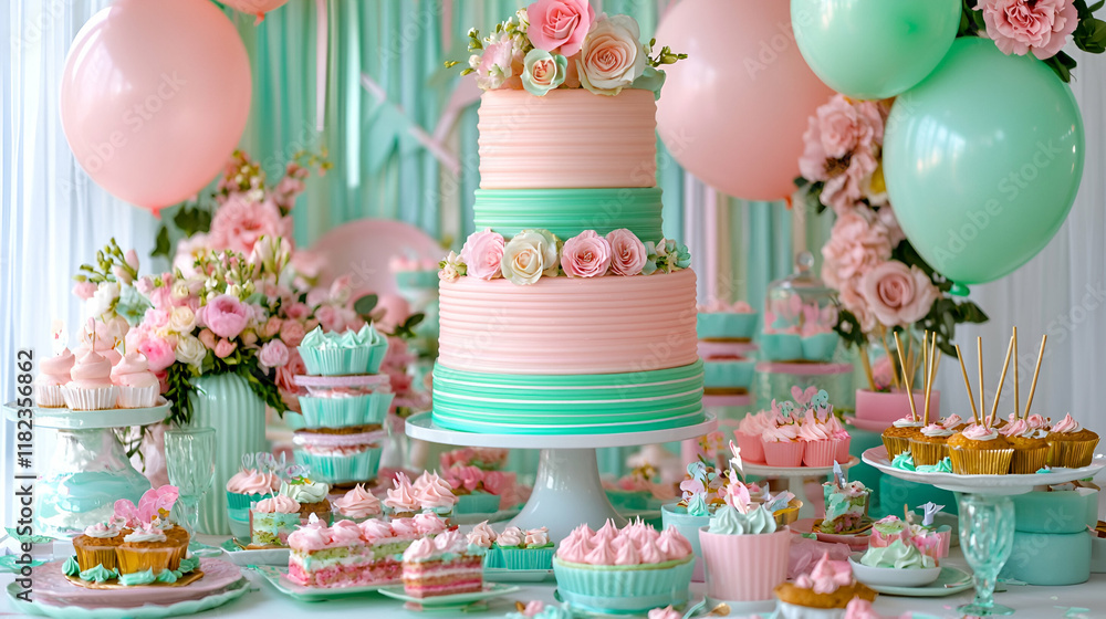 A beautifully arranged dessert table featuring a multi-tiered cake, cupcakes, and decorative flowers in pastel pink and mint green tones. A beautifully arranged dessert table featuring a multi-tiered cake, cupcakes, and decorative flowers in pastel pink and mint green tones.