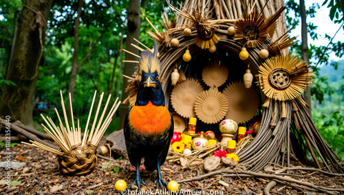 Vogelkop Bowerbird posing before part of his bower and decorations in the Arfak Mountains, West Papua, Indonesia photo