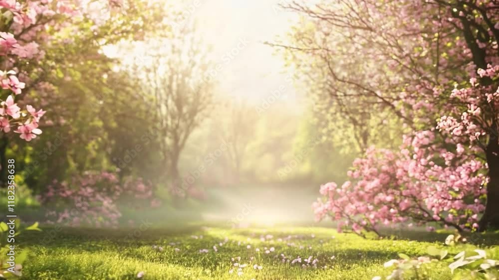 A serene spring garden path adorned with blooming cherry blossoms, bathed in soft morning light, inviting a peaceful stroll through nature A serene spring garden path adorned with blooming cherry blossoms, bathed in soft morning light, inviting a peaceful stroll through nature