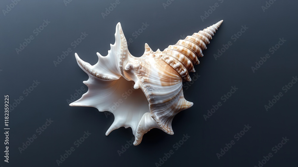 A pristine seashell rests on a dark background. Its elegant spiral and delicate frills showcase nature's artistry. Ideal for beach-themed designs or educational materials. A pristine seashell rests on a dark background. Its elegant spiral and delicate frills showcase nature's artistry. Ideal for beach-themed designs or educational materials.