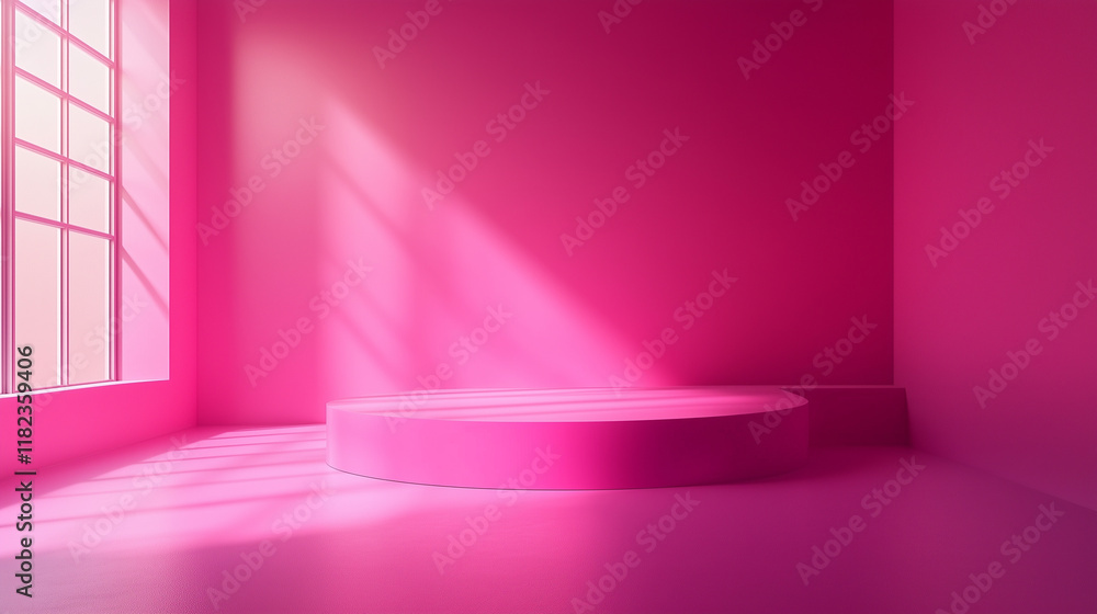 Pink-themed banner with copy space, pedestal for product display, commercial background Pink-themed banner with copy space, pedestal for product display, commercial background