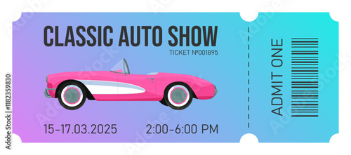 Classic Auto Show event ticket design illustration. Pink vintage corvette car on gradient background. Modern coupon