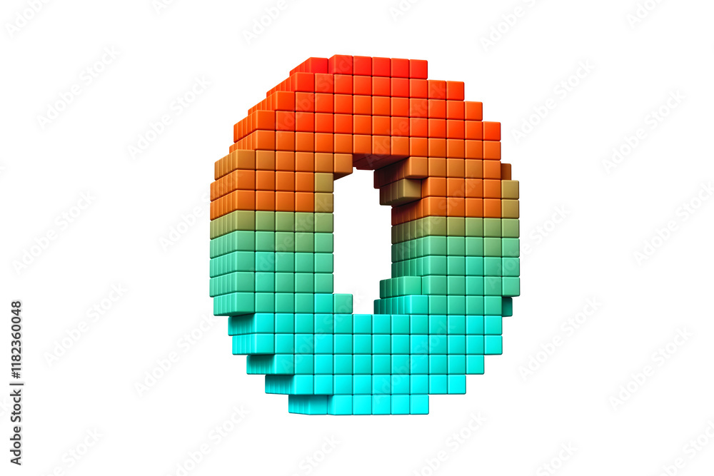 Pixel font digit number 0 in orange to bright blue gradient color scheme. Pixel art typography 3D rendering. Pixel font digit number 0 in orange to bright blue gradient color scheme. Pixel art typography 3D rendering.