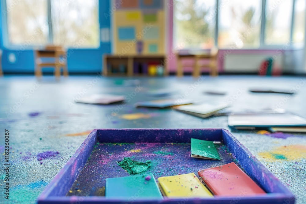 A colorful art space with scattered materials and vibrant paint on the floor. A colorful art space with scattered materials and vibrant paint on the floor.