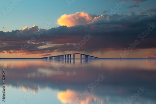 Sunshine Skyway Bridge Tampa Florida USA multi colored sunset serene scene captures a long bridge stretching across calm waters, reflecting the dramatic sky above. Vivid clouds in shades of orange, pi