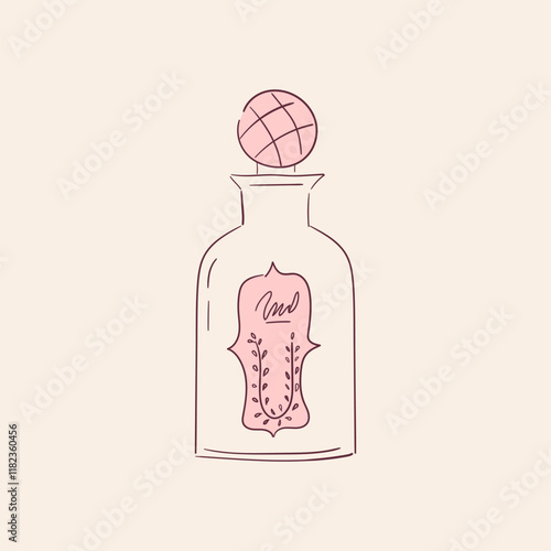 Line art perfume glass bottle in vintage style. Coquette design of potion flask. Hand drawn elixir. Outline vector illustration