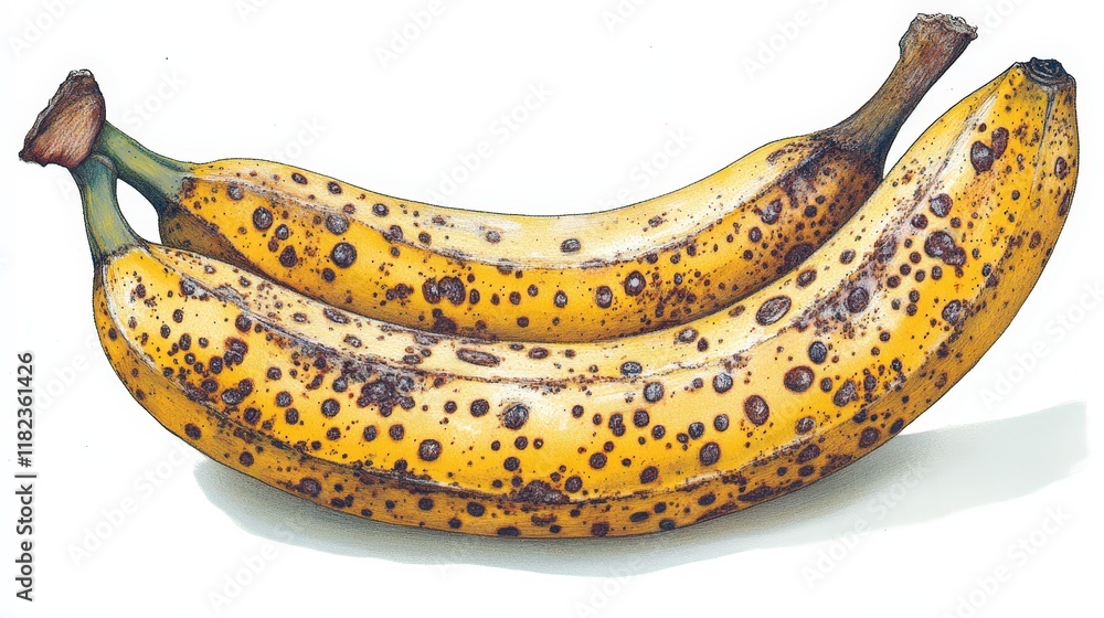Two ripe spotted bananas with brown spots on yellow peel. Ideal for educational materials recipes or healthy eating promotions. Two ripe spotted bananas with brown spots on yellow peel. Ideal for educational materials recipes or healthy eating promotions.