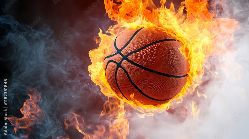 Burning basketball ball flying through flames on a white background Burning basketball ball flying through flames on a white background