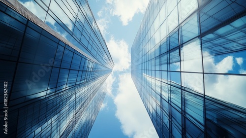 Glass skyscrapers against a bright, cloudy sky.