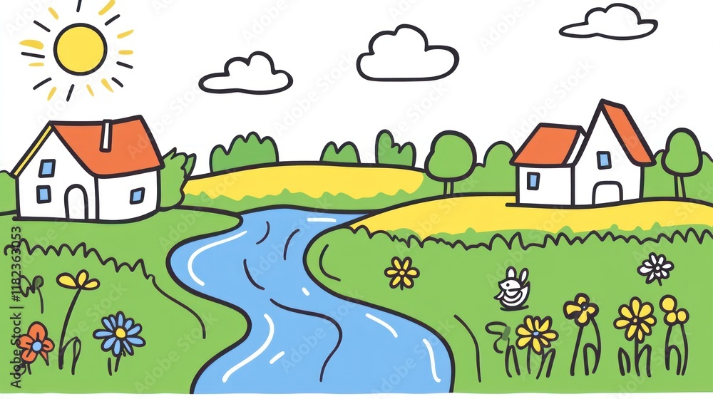 Sunny River Village Idyll, Child's Drawing, Springtime Sunny River Village Idyll, Child's Drawing, Springtime