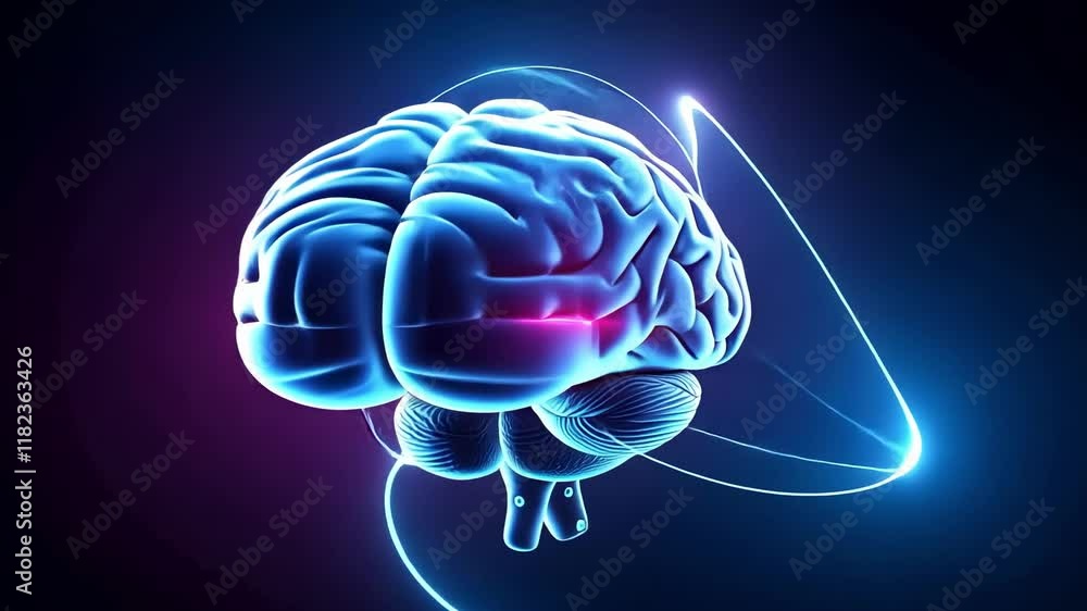 Neon brain simulation with rotating neural networks in futuristic animation