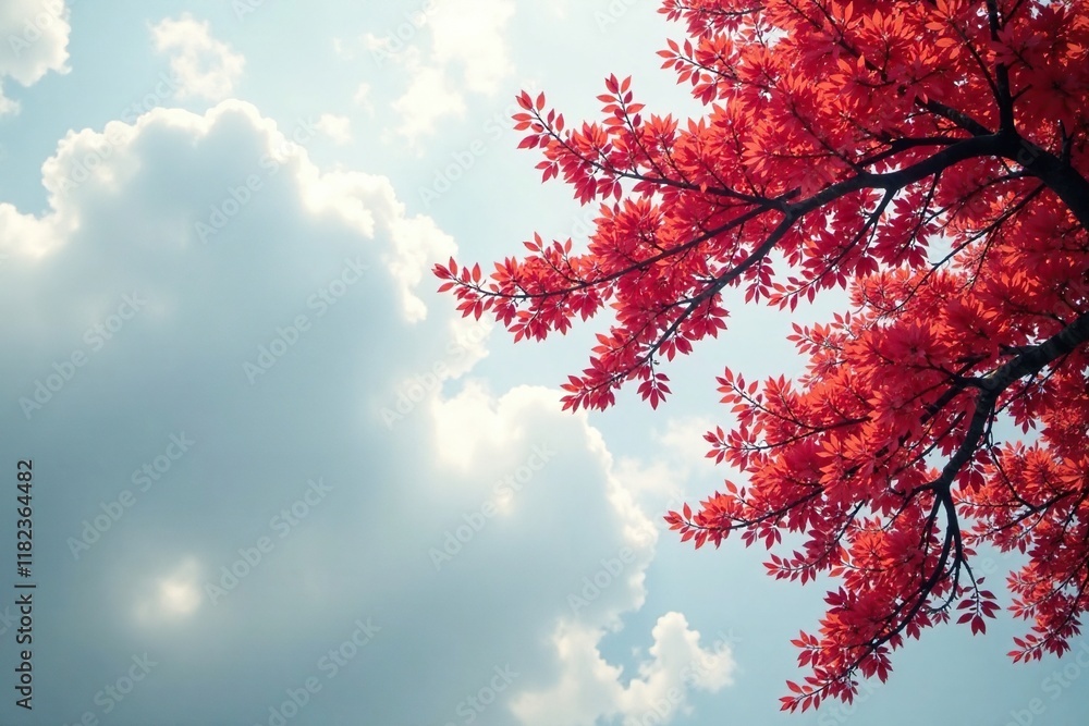 Ethereal red branches stretch towards grey sky, peaceful, foliage, trees