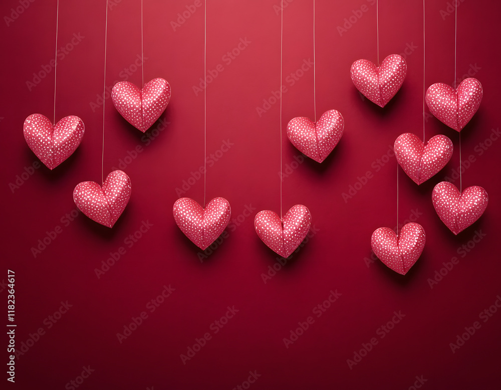 Fototapeta premium Happy Valentine's Day banner with red abstract illustration hearts, dark red and pink hanging hearts with copy space, AI-generated