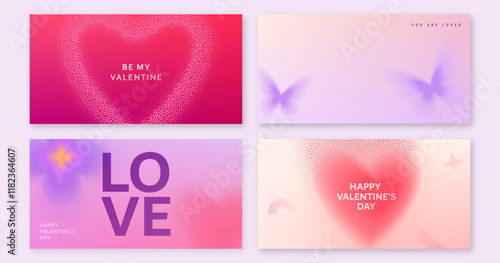 Heart vector banner set for Valentines day. Love pattern with gradient noise hearts, butterfly, flower. Geometric blur romance minimal banner. Modern grainy abstract art in pink, light red color