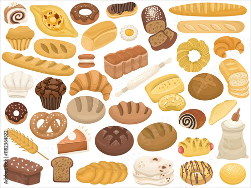 Big set or collection with bread, different pastries and baguette, whole grain bread. Illustration for bakery or confectionery on white background