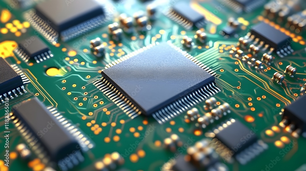 Close-up of Microchip on Circuit Board, Technology Background, Green PCB Close-up of Microchip on Circuit Board, Technology Background, Green PCB