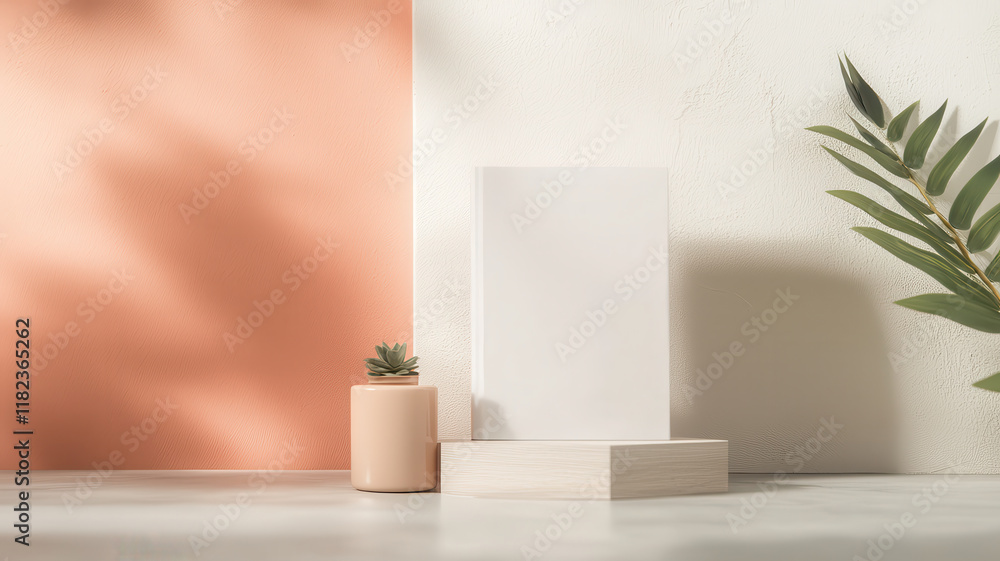 Fototapeta premium Minimalist display with blank book, plant, and pastel background