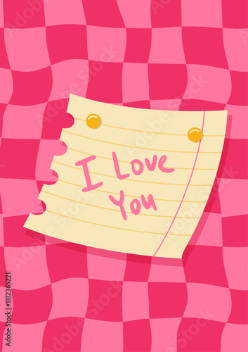 Romantic Valentine’s Day poster featuring a yellow notepad with 'I Love You' , pinned on a vibrant pink checkered background. Cute love sale flyer template, label, ad, copy space, cover, banner.