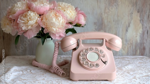 Vintage pink telephone beside a bouquet of peonies. Generative AI photo