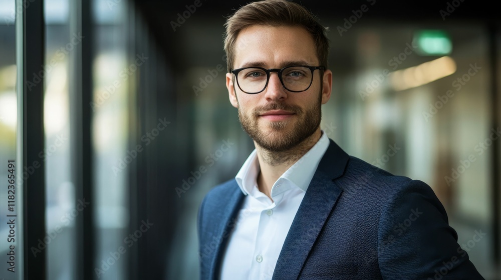 Man in glasses, suit, serious expression, office background. Man in glasses, suit, serious expression, office background.