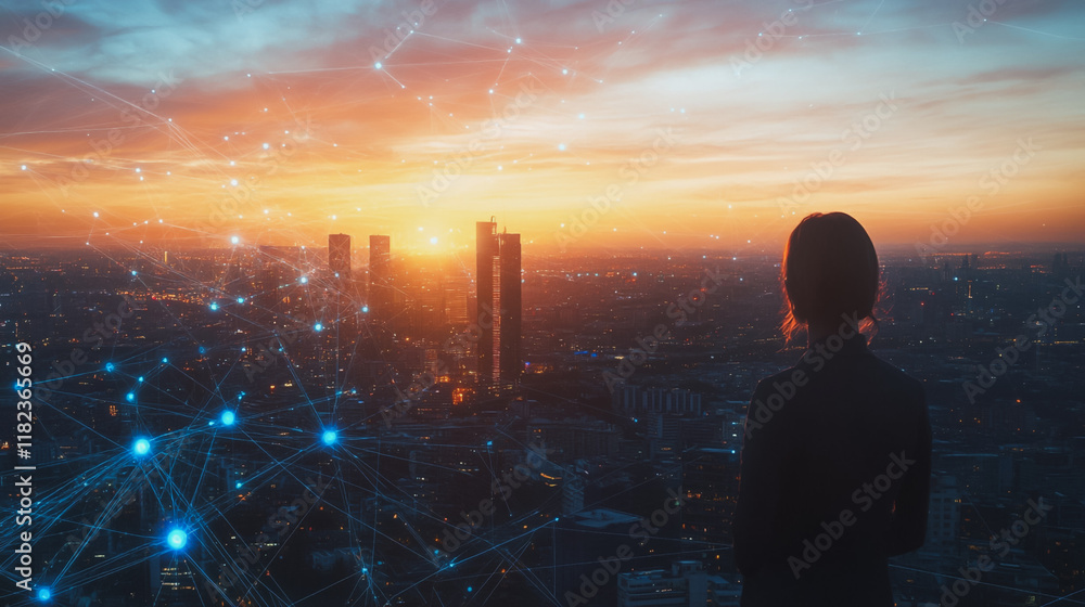 Fototapeta premium Abstract business woman stands on the peak of success amid tall, innovative Smart city and graphs with statistics to analyze business potential and predict future developments in company growth.