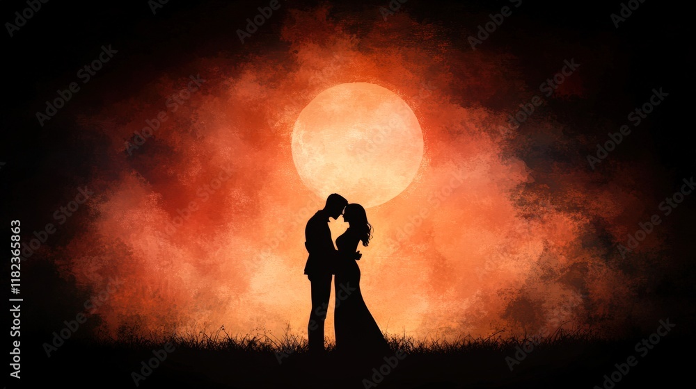 Fototapeta premium A romantic silhouette of a couple embracing against a vibrant sunset, creating a warm and intimate atmosphere, Perfect for themes of love, relationships