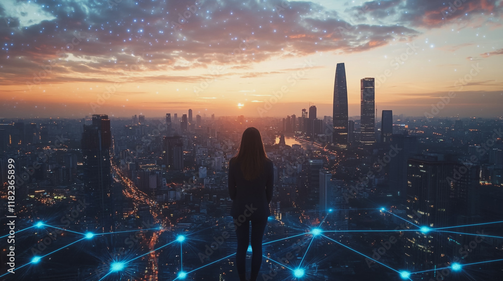 Abstract business woman stands on the peak of success amid tall, innovative Smart city and graphs with statistics to analyze business potential and predict future developments in company growth. Abstract business woman stands on the peak of success amid tall, innovative Smart city and graphs with statistics to analyze business potential and predict future developments in company growth.