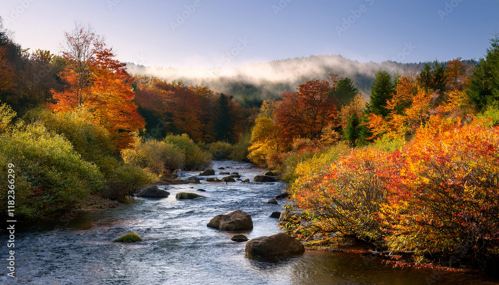 a river runs thru a forest with bushes in autumn colorings