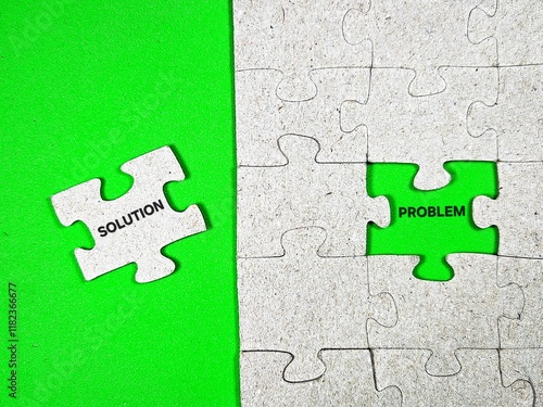 Management concept with puzzle piece with problem solving and solution stock photo