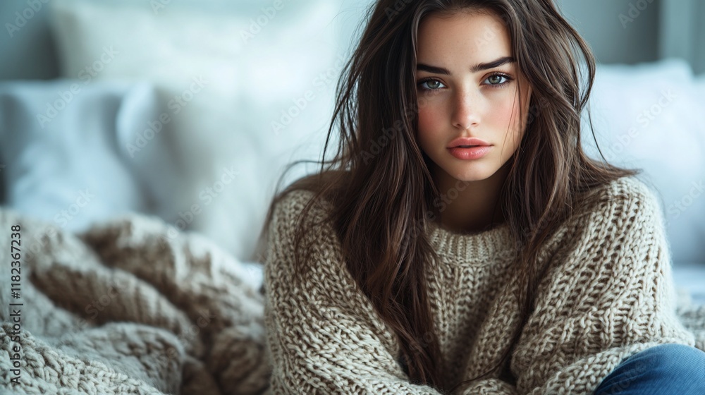 Woman, cozy sweater, bedroom, morning, calm Woman, cozy sweater, bedroom, morning, calm