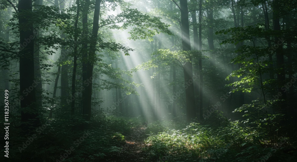 Obraz premium Misty forest, ethereal sunbeams, dappled light, green foliage, atmospheric, mystical woodland path, foggy, enchanted forest, cinematic lighting, dark tree trunks, soft focus, dreamy, magical ambiance,