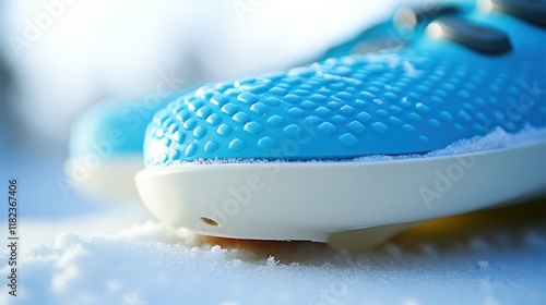 Close-up of blue and white snow skate on snowy surface. Designed for winter recreation and gliding on snow. photo