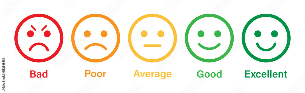 Rating emoji set in stroke style for customer feedback and product experience. Rating emoji with bad, poor, average, good and excellent text. Vector icon Rating emoji set in stroke style for customer feedback and product experience. Rating emoji with bad, poor, average, good and excellent text. Vector icon