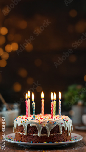 Festive birthday party celebration scene with tiered frosted cake sprinkles candles backdrop background social media post story confetti balloons with space for text or quote