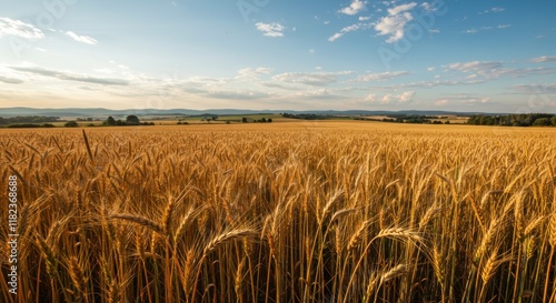 Wallpaper Mural Golden wheat field, vast prairie landscape, wispy cirrus clouds, blue sky, distant mountains, warm sunlight, autumn harvest, agricultural panorama, rural tranquility, expansive horizon, natural beauty Torontodigital.ca