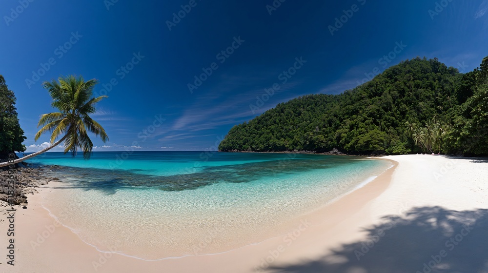 Obraz premium Serene Tropical Beach Paradise, Turquoise Waters, White Sand, Lush Greenery