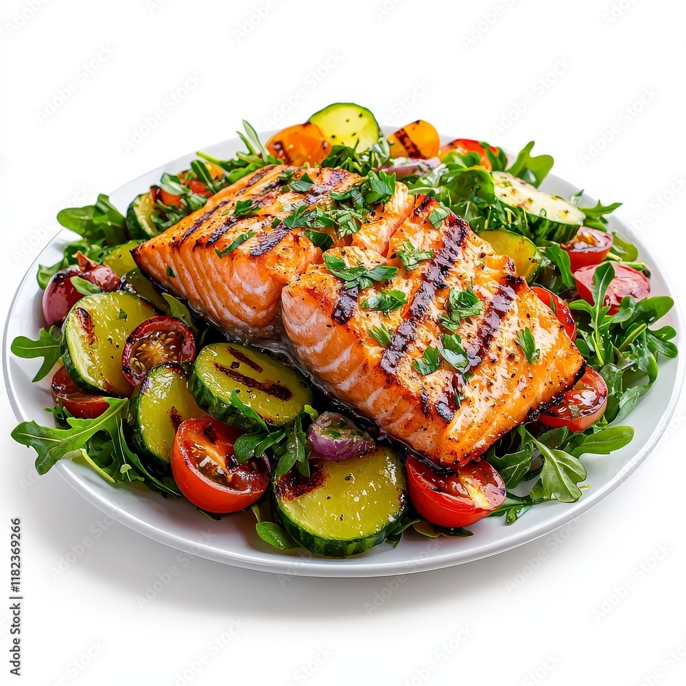 Delicious grilled salmon served on a bed of fresh vegetables, perfect for a healthy meal or gourmet dining experience. Delicious grilled salmon served on a bed of fresh vegetables, perfect for a healthy meal or gourmet dining experience.