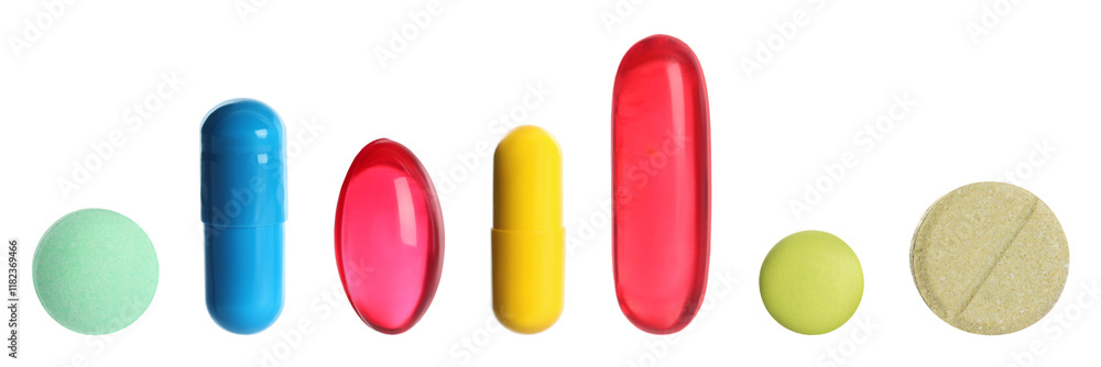 Different pills in row isolated on white, set Different pills in row isolated on white, set