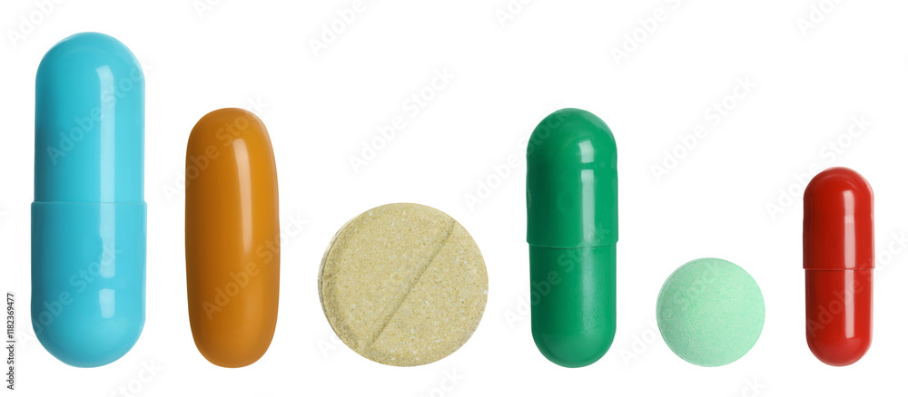 Different pills in row isolated on white, set Different pills in row isolated on white, set