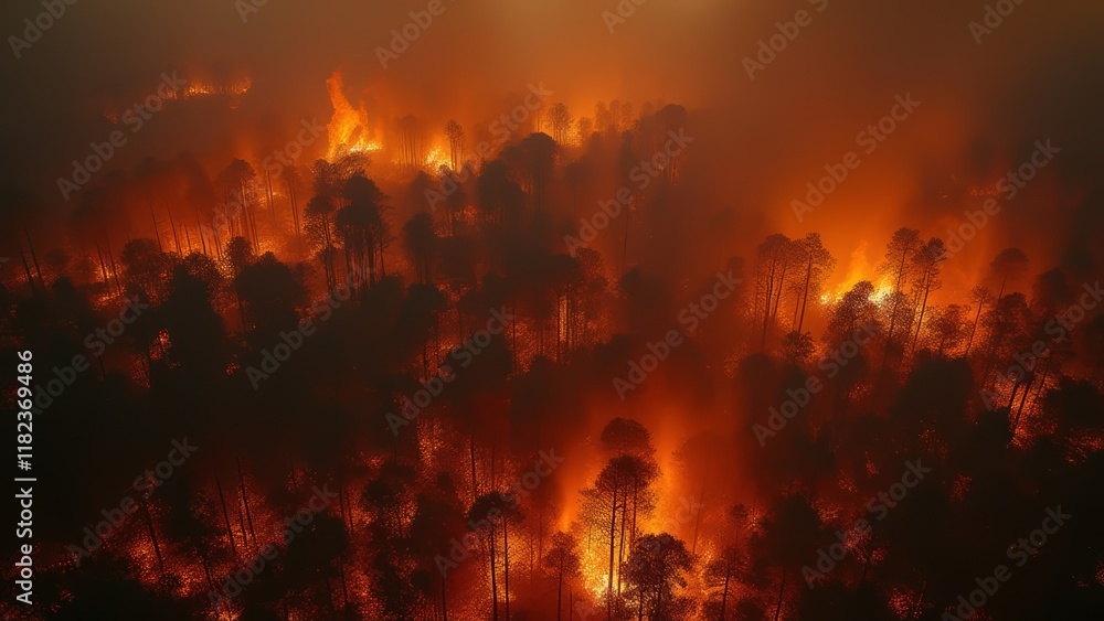 Fototapeta premium Fire in a pine forest at night on an area of more than a hectare