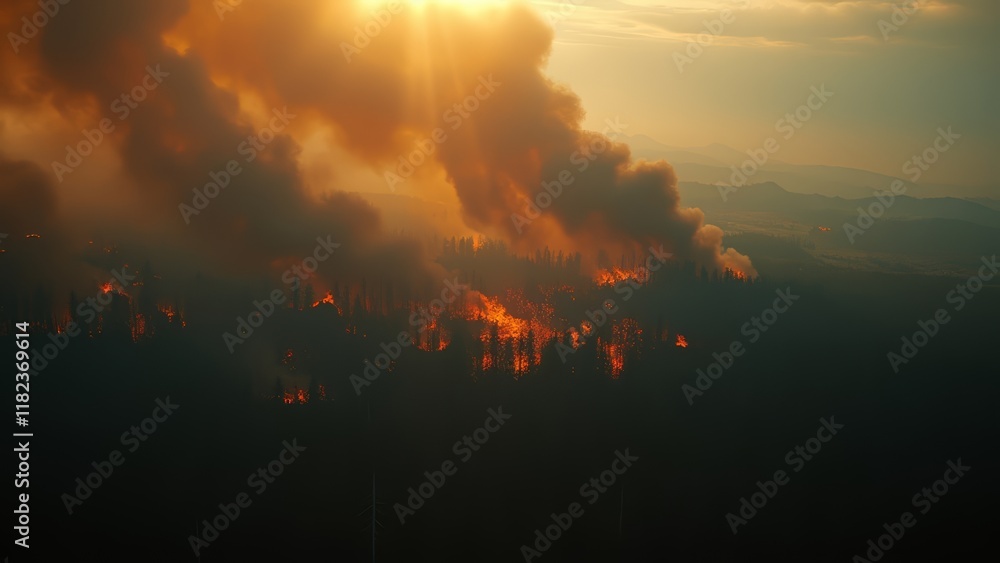Obraz premium Spreading fire inside forest from left to right during daytime