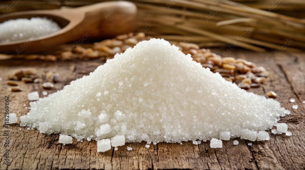 Pile of Granulated Sugar on Rustic Wooden Surface Pile of Granulated Sugar on Rustic Wooden Surface