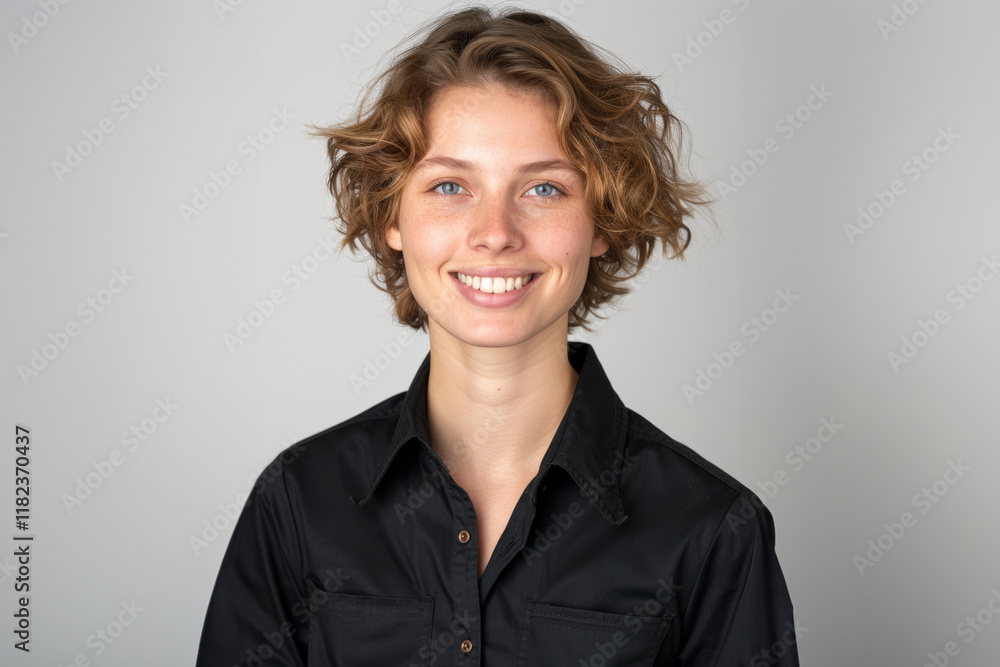 Her black attire, set against a white background, showcases a respectful and poised style ideal for formal settings. Her black attire, set against a white background, showcases a respectful and poised style ideal for formal settings.