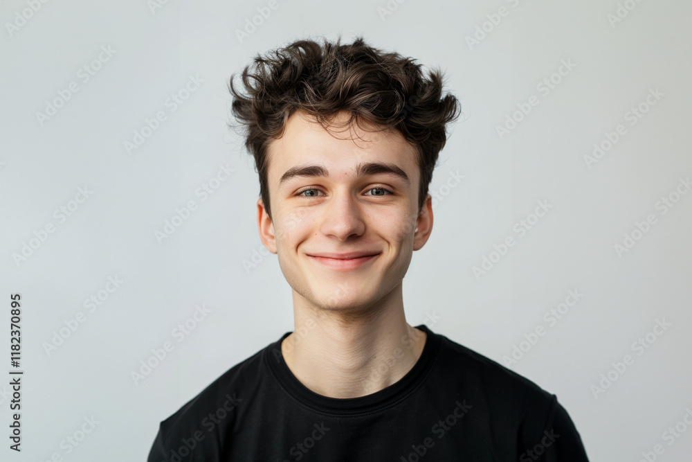 Fototapeta premium a young Caucasian teen in neat attire on a white gray background captures a blend of professionalism and casual confidence.