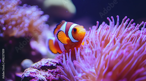 A clownfish nestled in a vibrant anemone, with the surrounding coral as the background, during a tranquil reef scene
